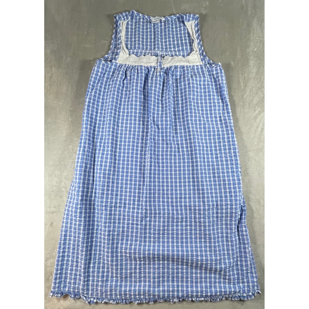 Cuddledown Nightgown Womens S Blue Gingham Seersucker Lace Pockets Sleeveless